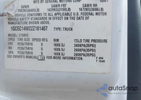 2002 Chevrolet Silverado 1500 Commercial from USA, damaged, VIN 1GCEC14W22Z181487